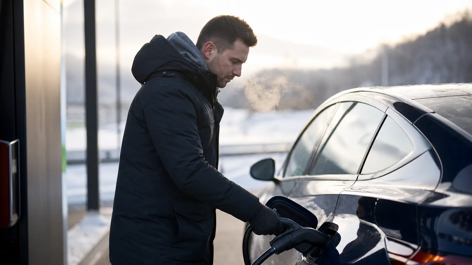 Conducteur branchant un câble de recharge sur une voiture électrique à une borne rapide en hiver