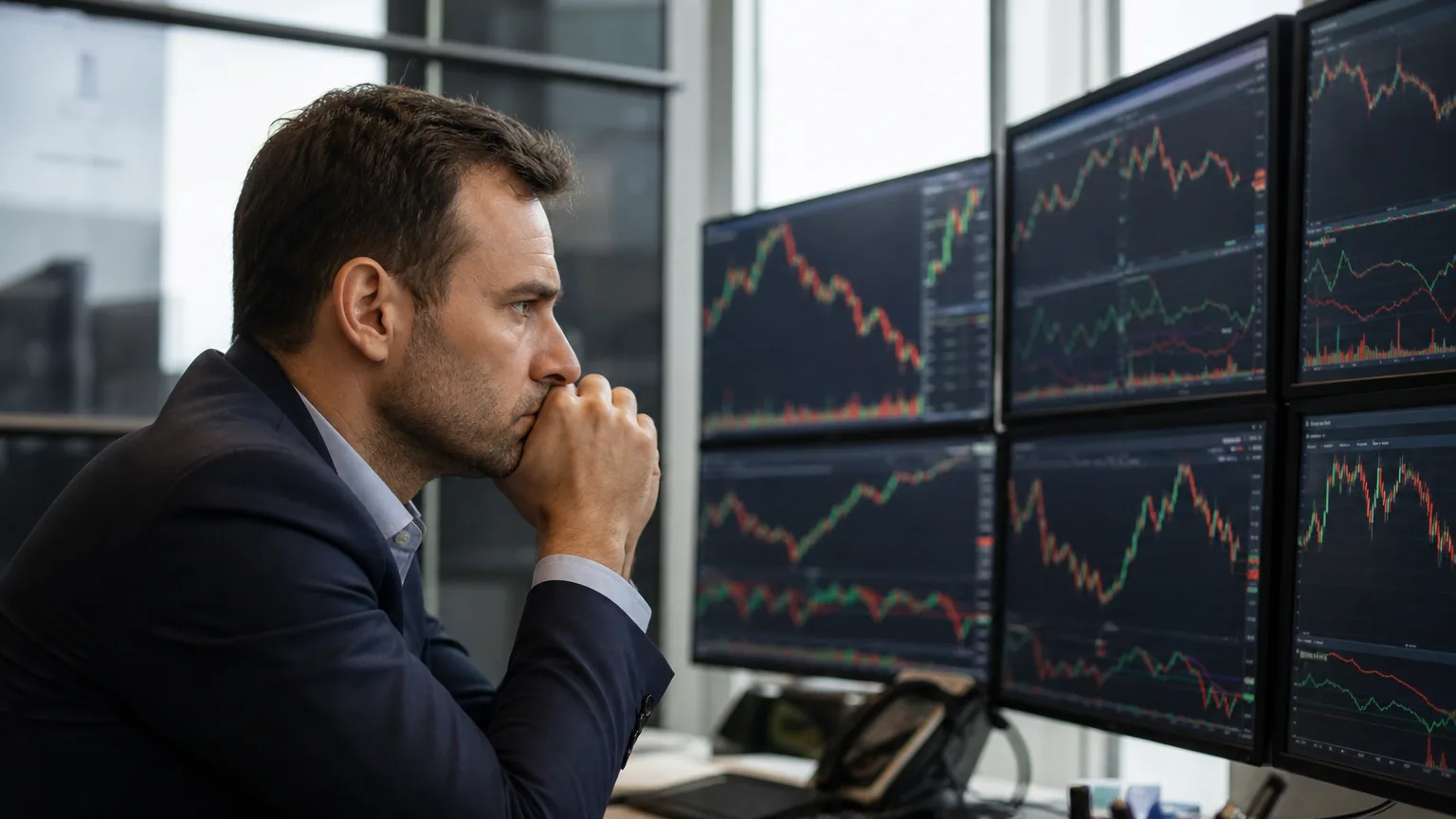 Un trader concentré observe des écrans affichant des courbes de marché fluctuantes