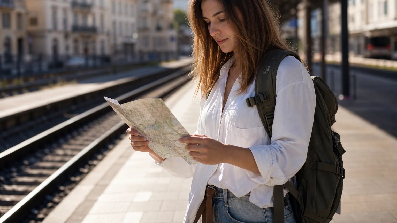 Voyageur seul avec un sac à dos consultant une carte sur un quai de gare ensoleillé