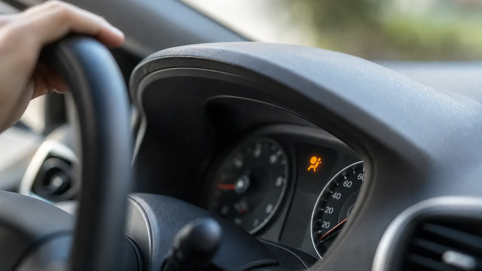 Tableau de bord de voiture avec le voyant airbag allumé en orange, vue depuis le siège conducteur