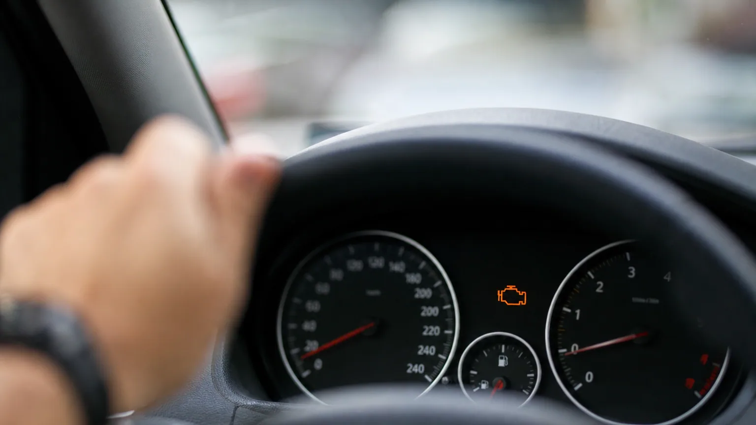 Tableau de bord de voiture avec le voyant moteur orange allumé parmi les autres compteurs